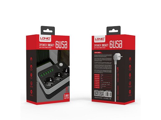 Разклонител 3 гнезда и 6 USB порта с ключ LDNIO SE3631 - 2м 2500W LDNIO SE3631 6 X USB Port 3 X 220V ports