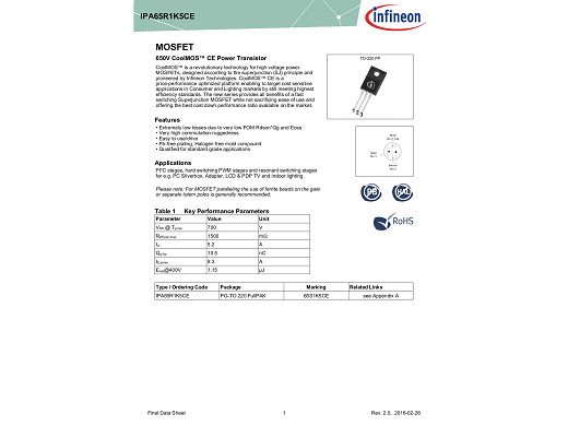 Транзистор IPA65R1K5CE TO-220F 65S1