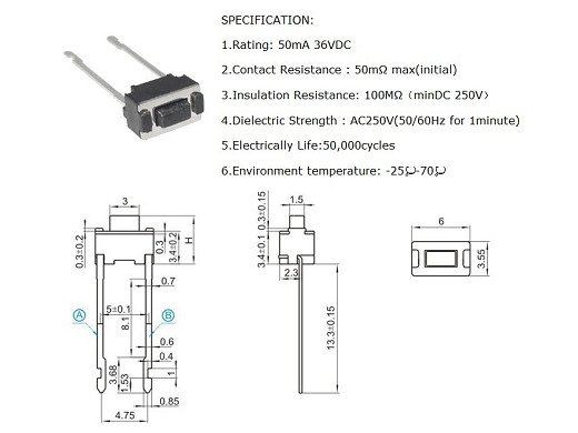 Бутон  2pin 6x3.5  h 1mm