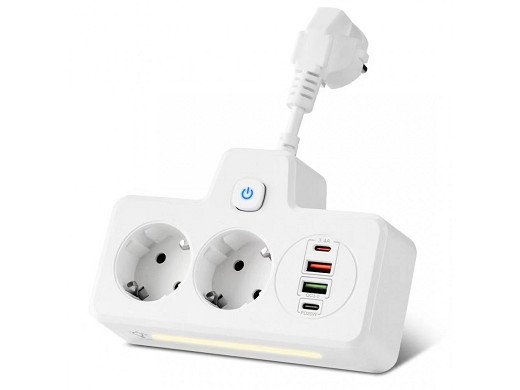Разклонител  бял с 2 гнезда за зареждане с 2 USB и 2 тип C порта за зареждане, 2 X 220V