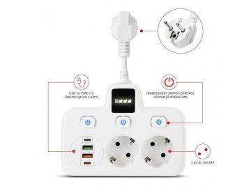 Разклонител  бял с 2 гнезда за зареждане с 2 USB и 2 тип C порта за зареждане, 2 X 220V