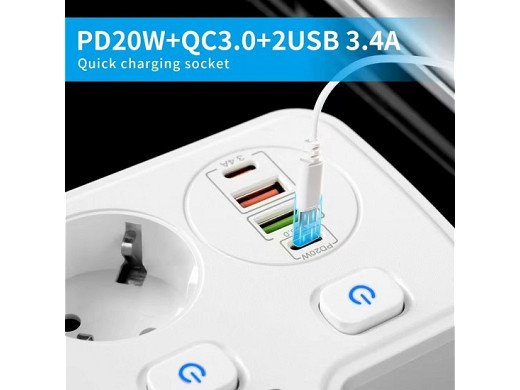 Разклонител  бял с 2 гнезда за зареждане с 2 USB и 2 тип C порта за зареждане, 2 X 220V