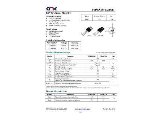 Транзистор FTPF6N40 TO-220F