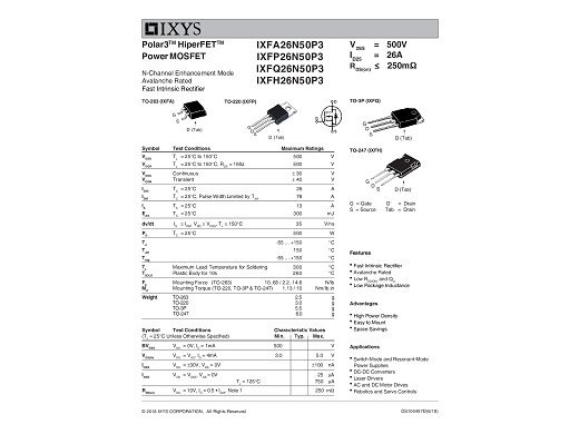 Транзистор IXFQ26N50P3 TO-3P