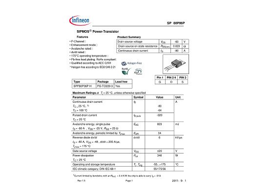 Tранзистор SPP08P06 TO-220